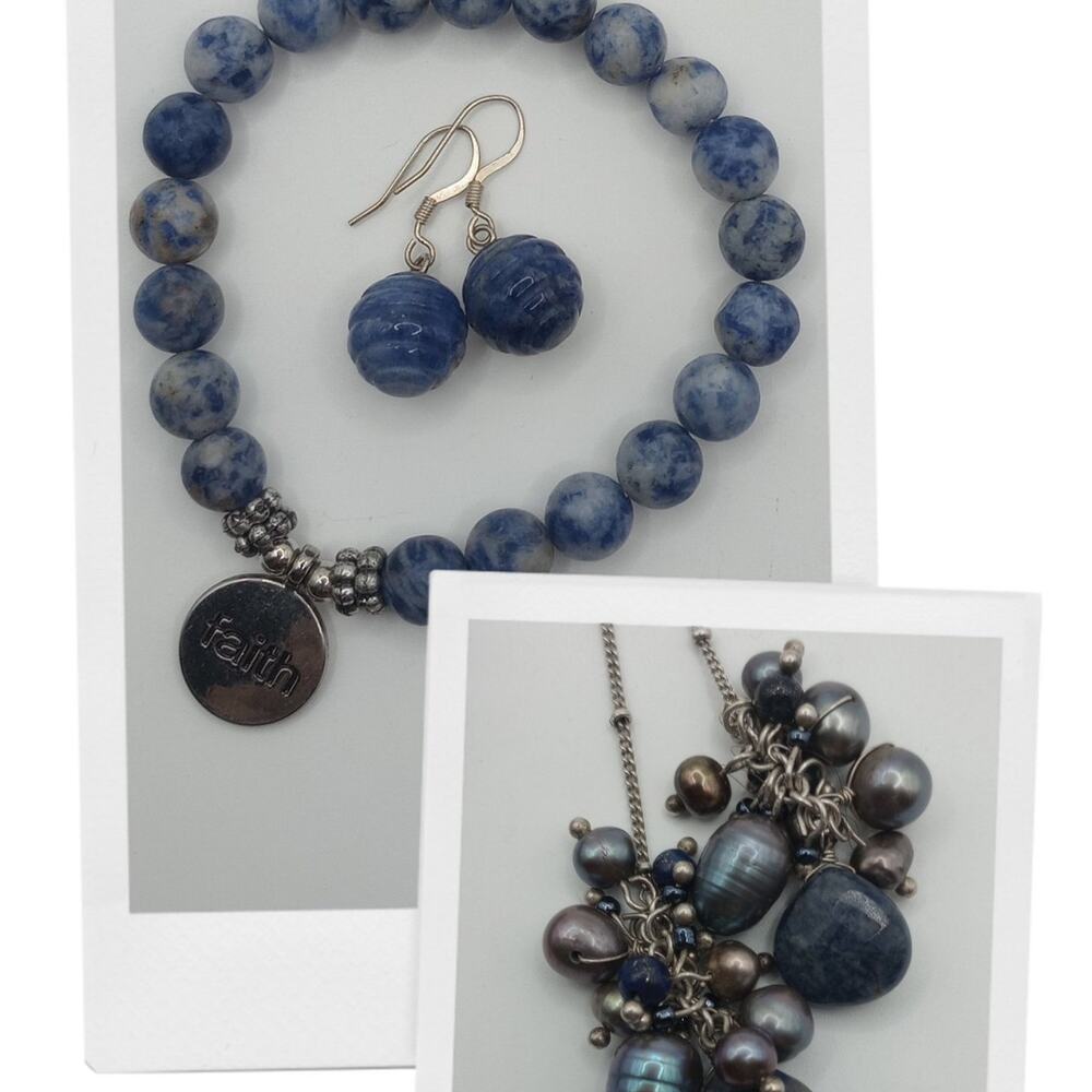 Sodalite & Pearl 3-Piece Jewelry Set – Necklace, Bracelet & Earrings